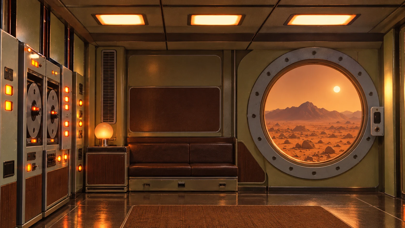 An empty vintage spaceship lounge with an orange desert visible through a round porthole