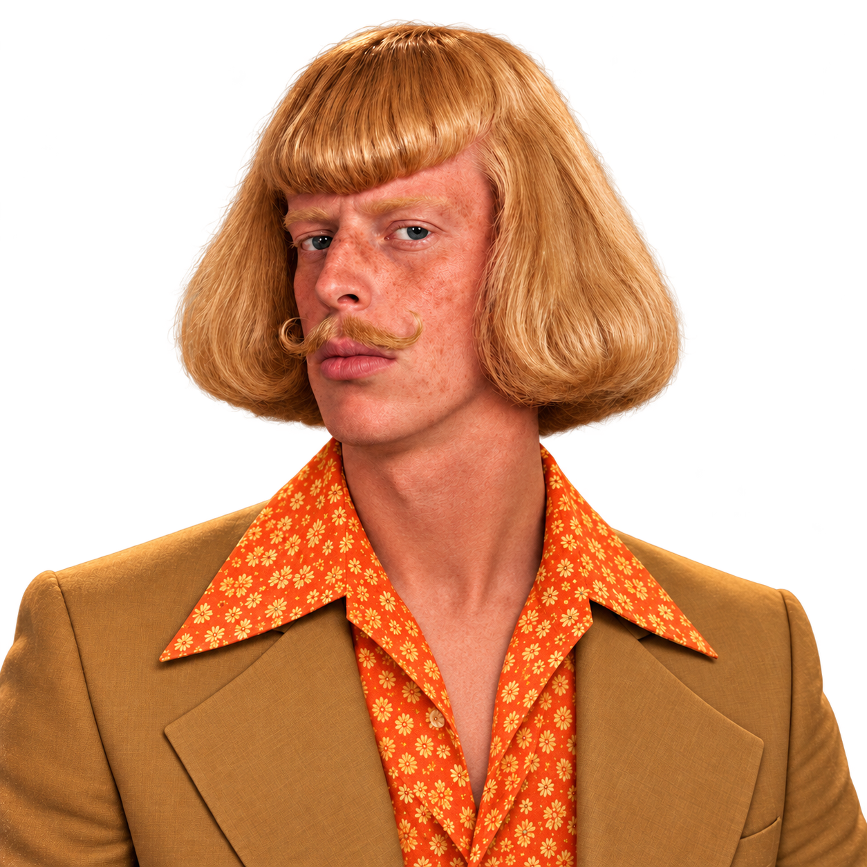 JeanPhilX with a ginger bob, curled mustache, floral shirt and ochre suit